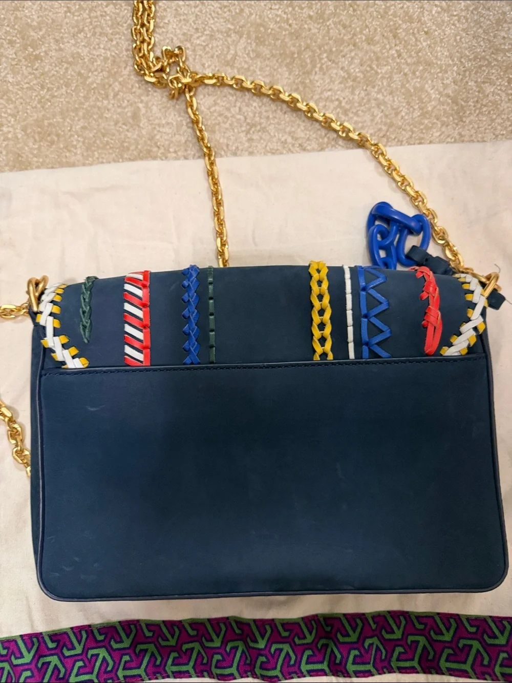 Tory Burch Navy Shoulder Bag with Multicolor Whipstitch and Gold Chain